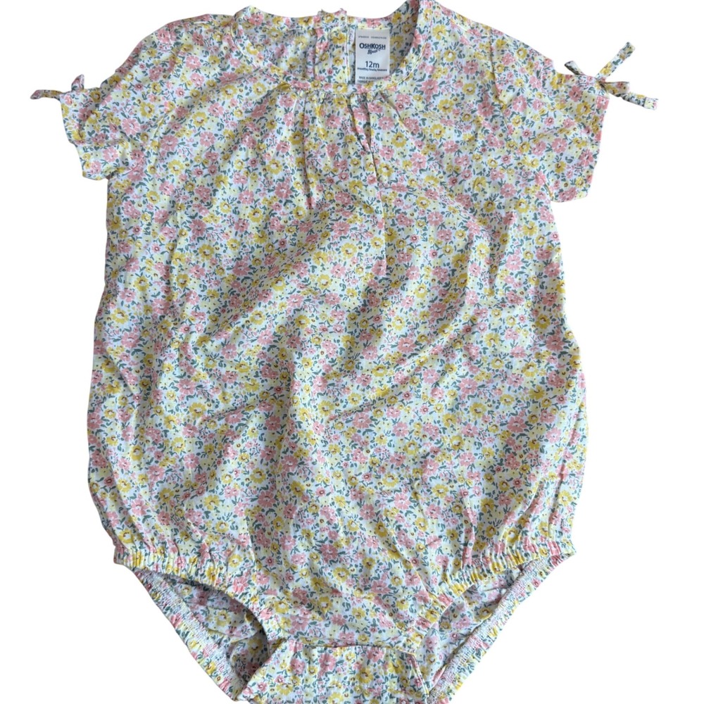 SALE OshKosh B'gosh Baby Girl 12m Floral Bubble Romper Short Sleeve‎ Tie Sleeve